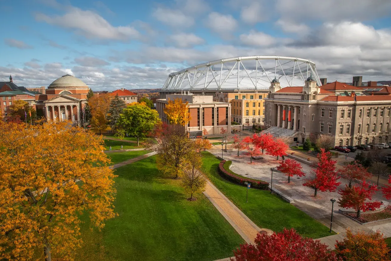 Aerial view of campus in the Fall.